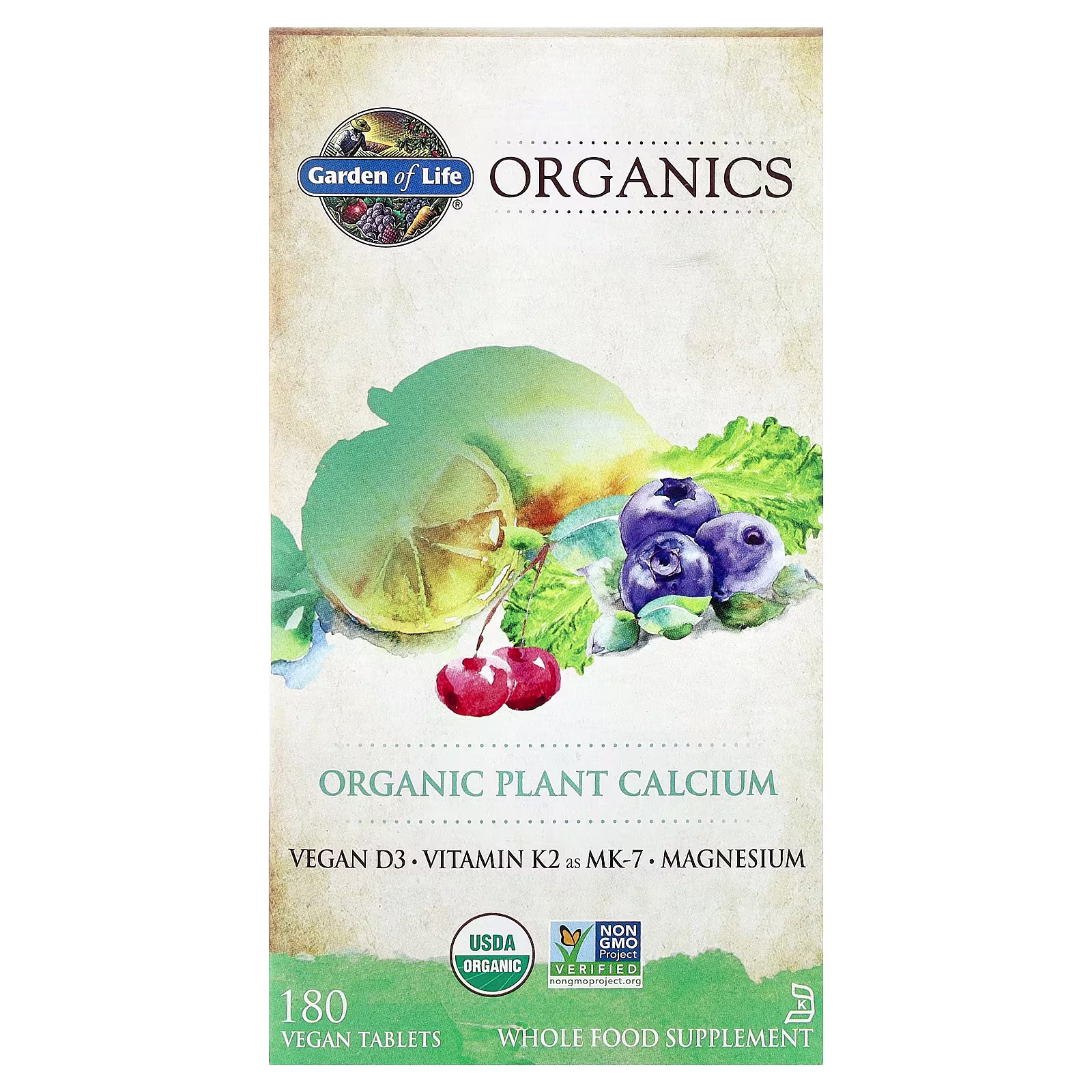 Organics, Calcio vegetal orgánico, 180 tabletas veganos, Garden of Life