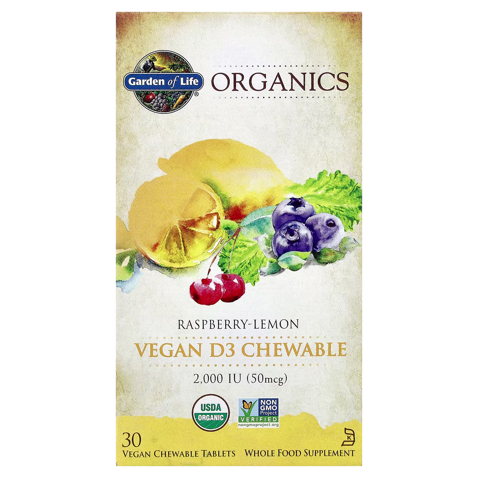 Organics, Tabletas masticables veganos con vitamina D3, Frambuesa y limón, 30 tabletas masticables veganos, Garden of Life