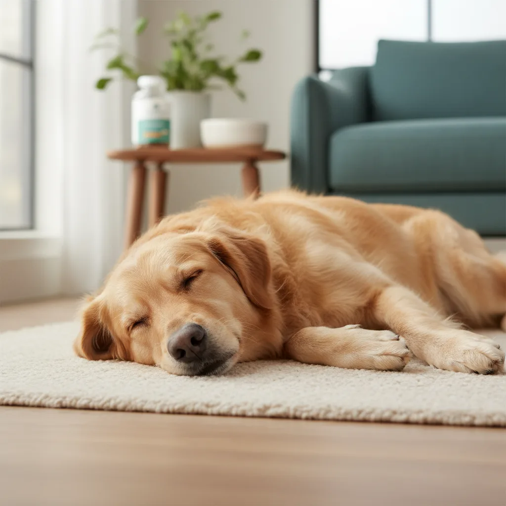 Perro tranquilo durmiendo plácidamente en su cama con juguete al lado