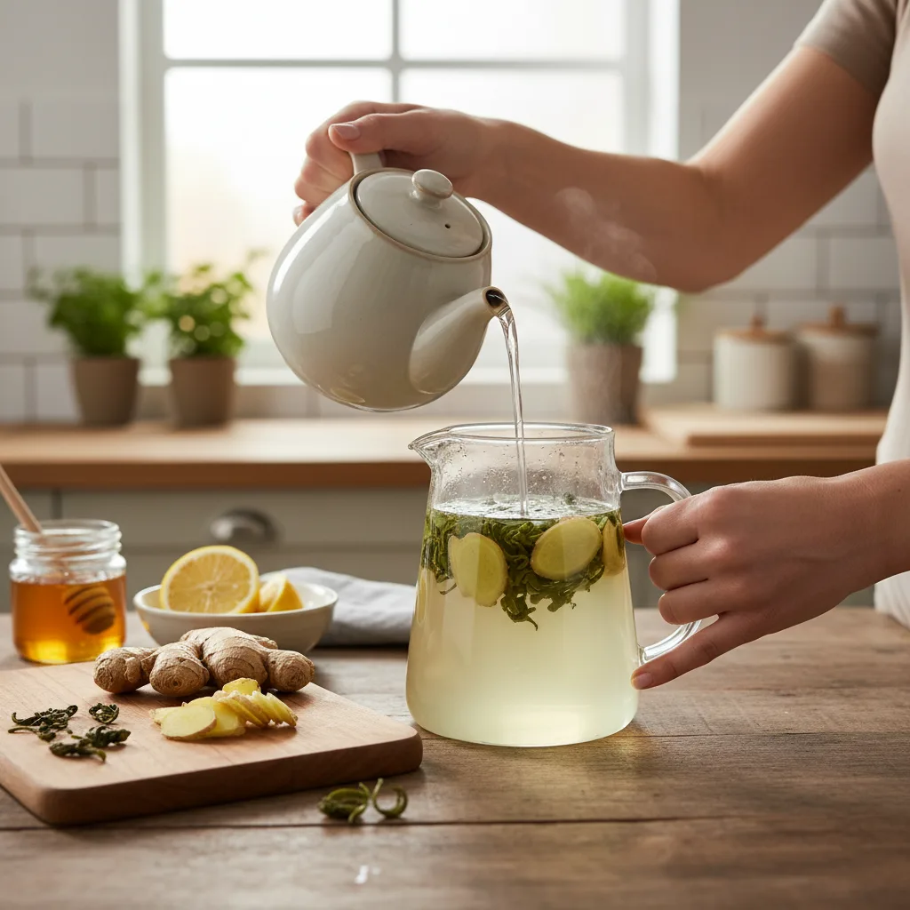 Smoothie verde de matcha con cacao y maca en vaso de vidrio junto a ingredientes naturales sobre mesón de cocina