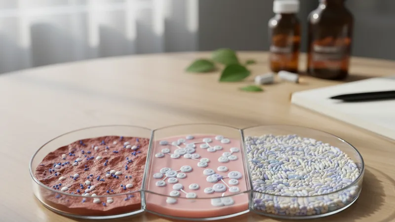 Cápsulas de probiótico con microscopía de bacterias Lactobacillus rhamnosus sobre fondo clínico