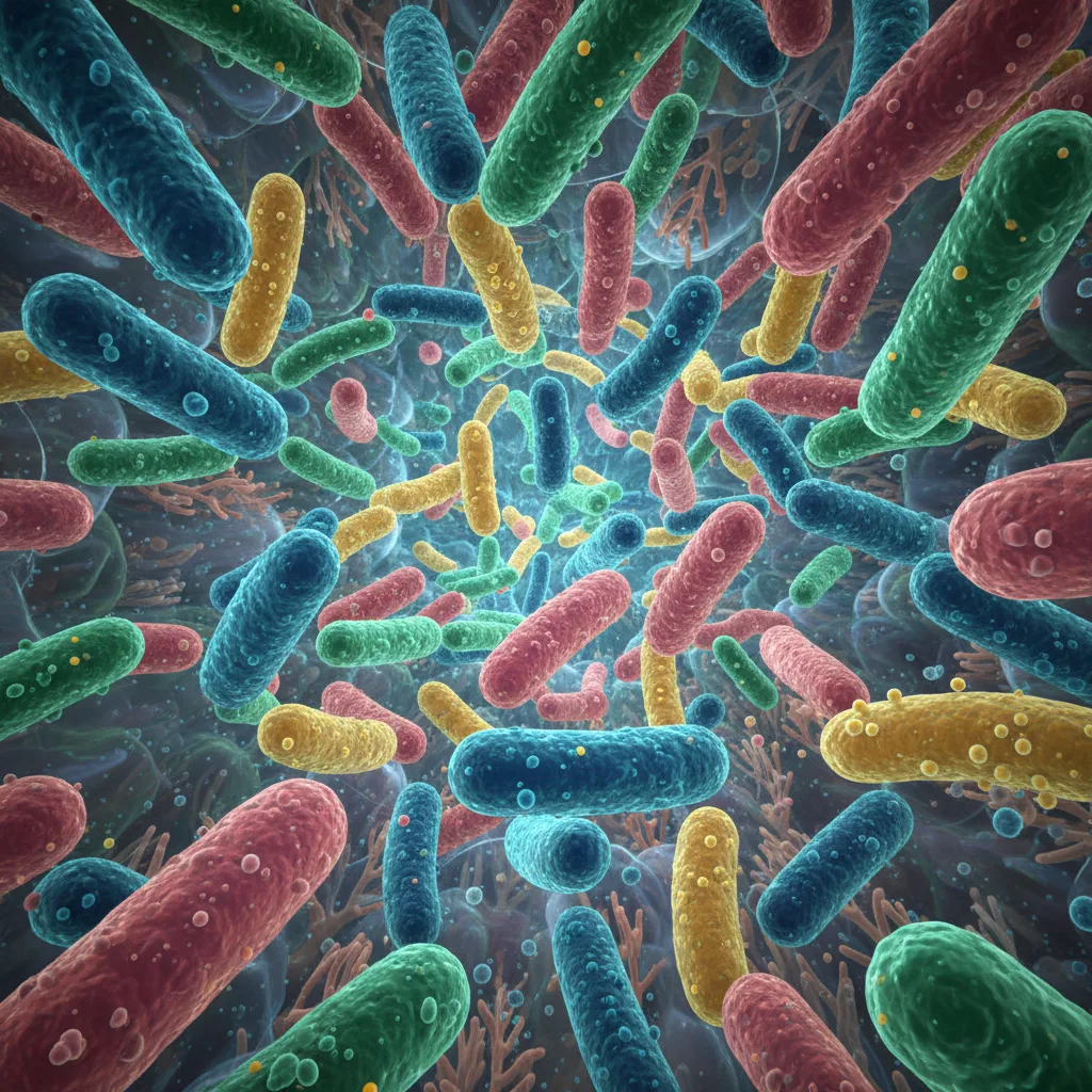 Vista microscópica de bacterias intestinales beneficiosas en ilustración 3D colorida