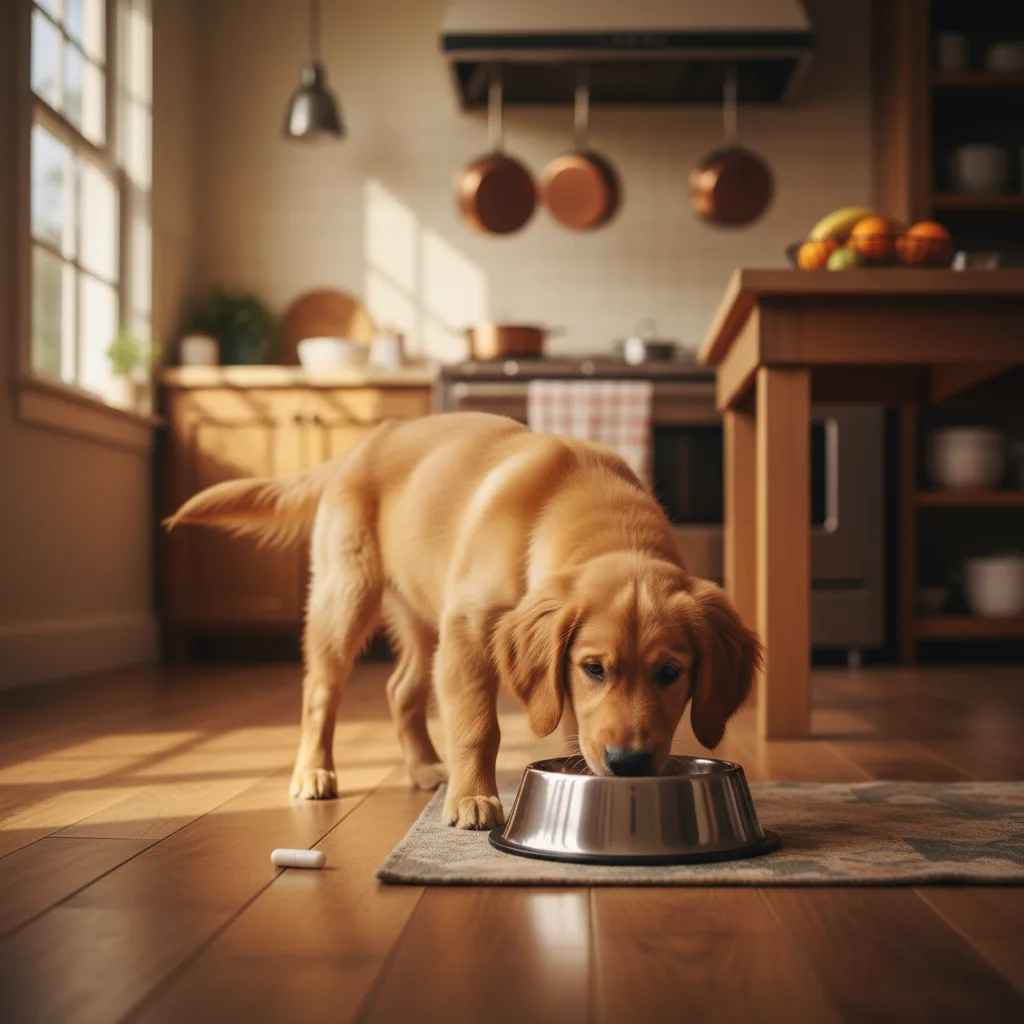 Cachorro comiendo de su tazón con cápsula de suplemento cerca en cocina hogareña