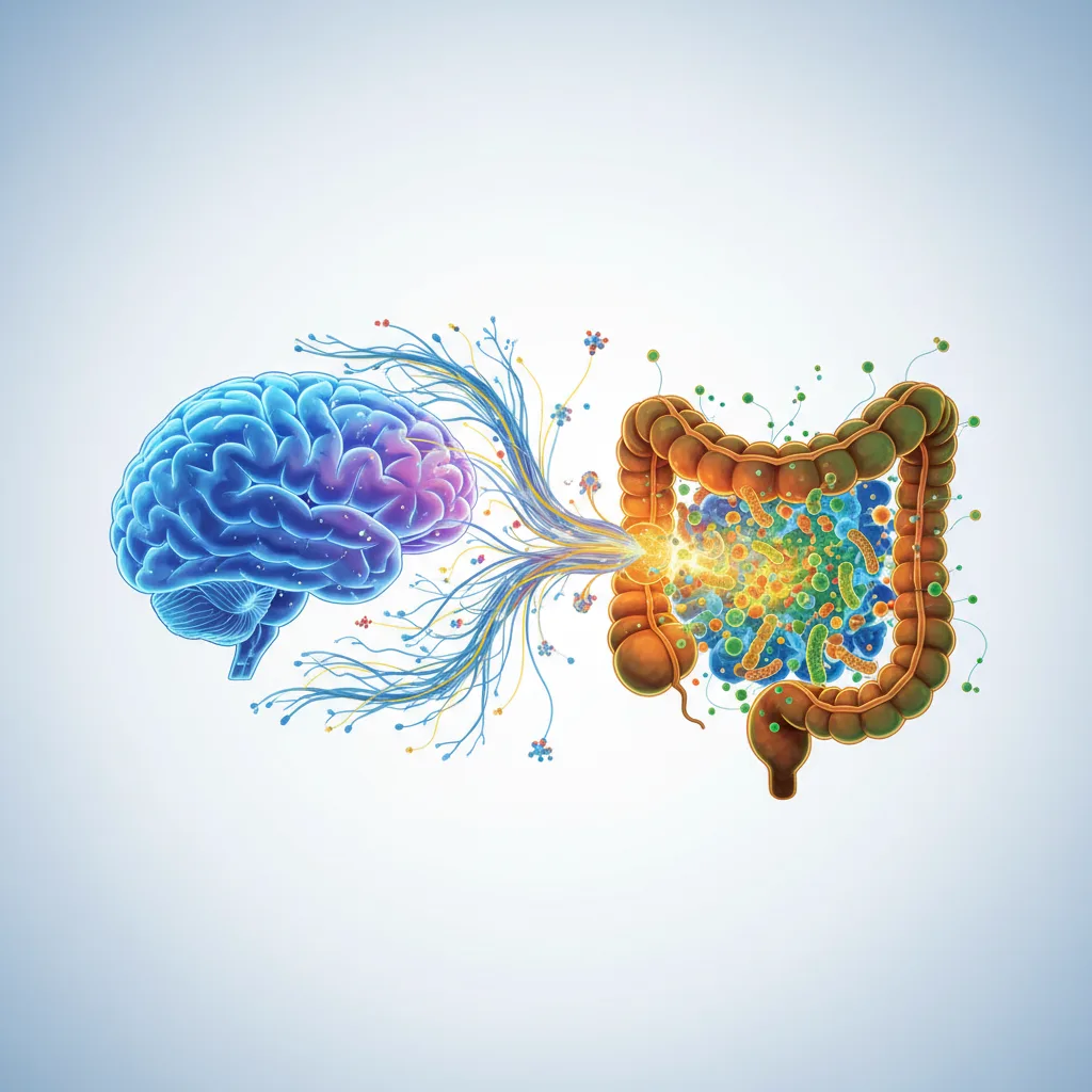 Ilustración del eje intestino-cerebro con conexiones neuronales y microbioma intestinal