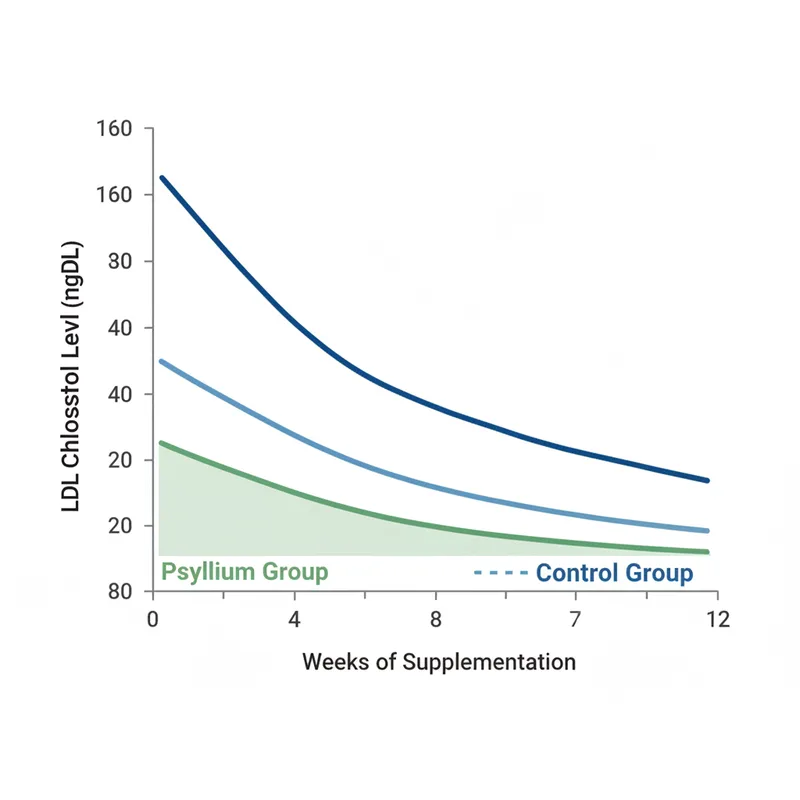 Imagen mostrando psyllium en polvo, psyllium hidratado formando un gel viscoso en un vaso y comparación de volúmenes