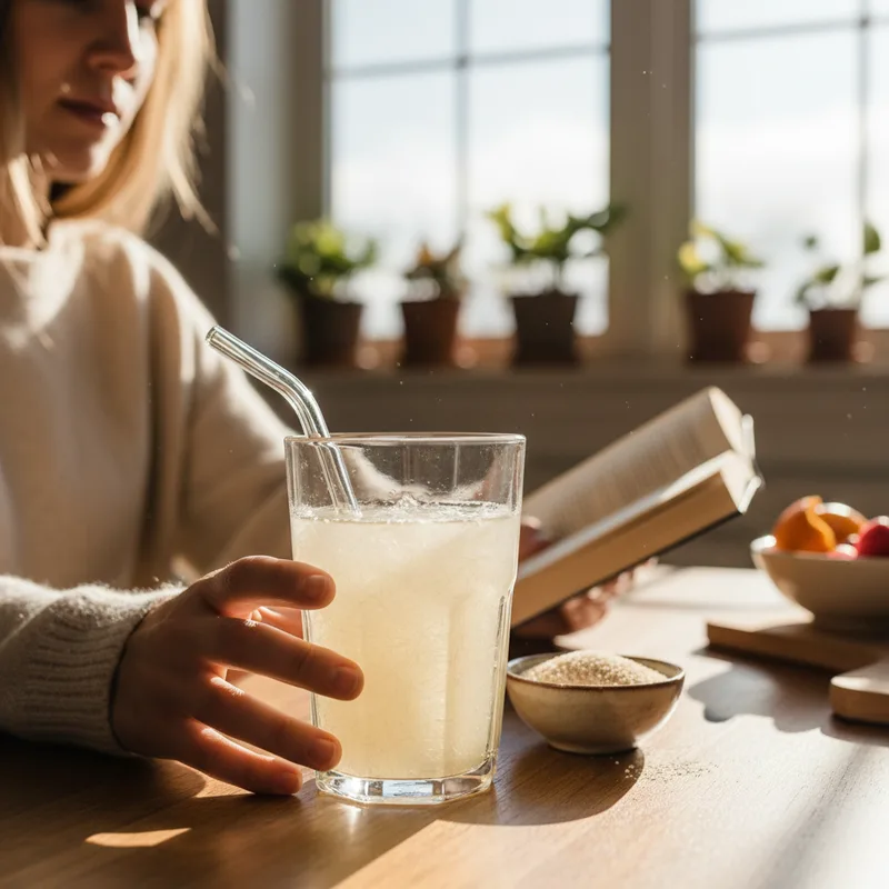 Vaso con psyllium siendo mezclado en agua con cuchara antes de una comida saludable