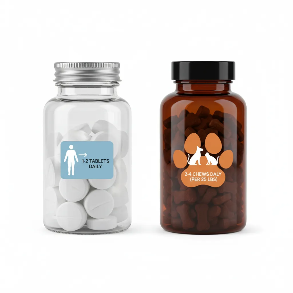 Comparación visual entre frasco de suplemento humano y frasco para mascotas
