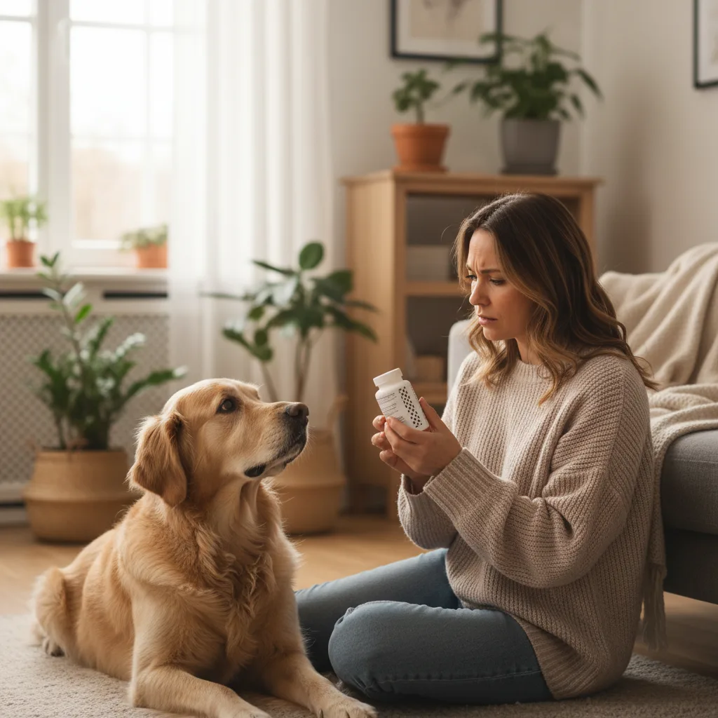 Dueño de mascota leyendo etiqueta de suplemento con su perro sentado al lado
