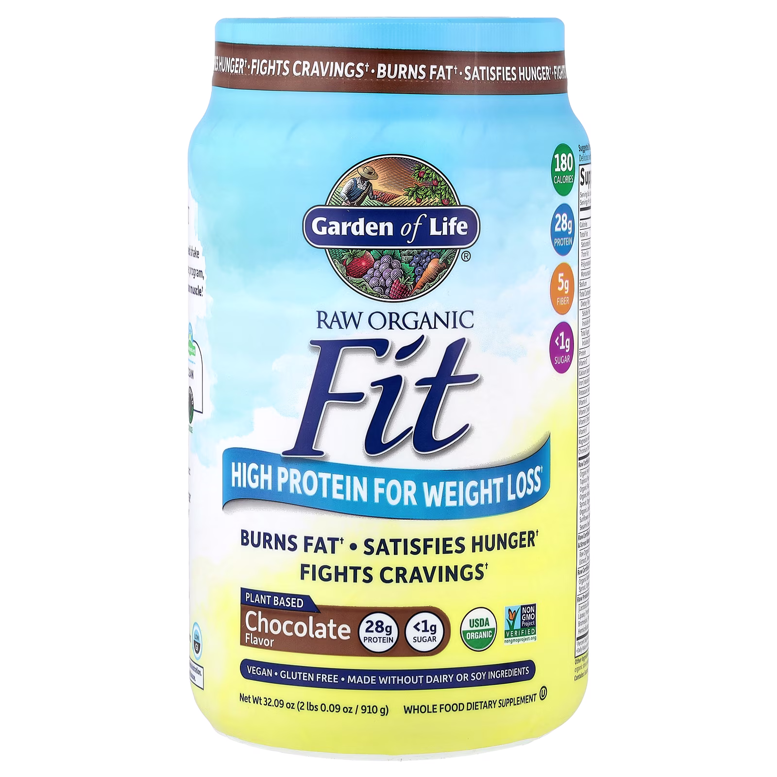 Raw Organic Fit, Suplemento con alto contenido de proteínas para bajar de peso, Chocolate, 910 g (2 lb 0,09 oz), Garden of Life