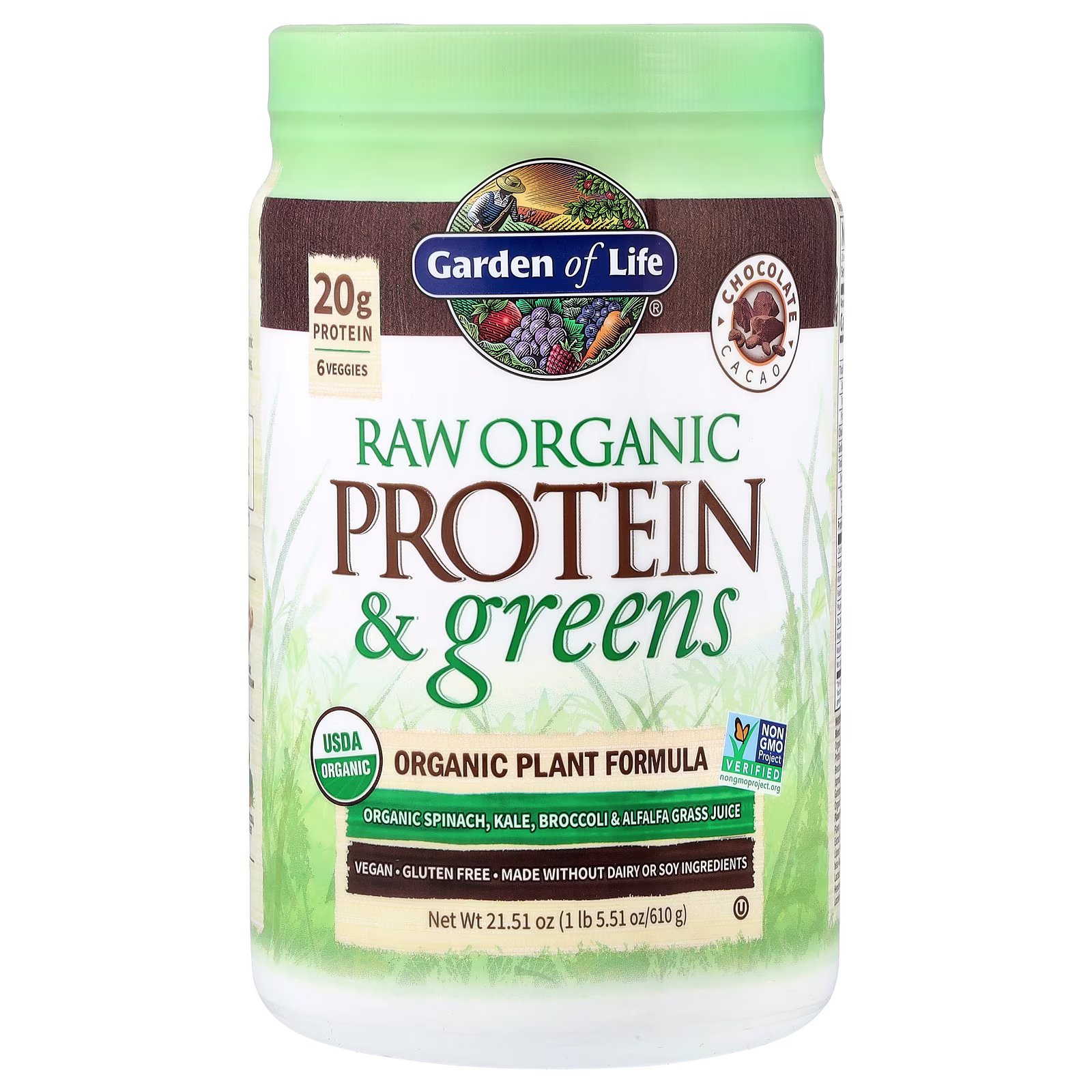 Raw Organic Protein & Greens, Chocolate y cacao, 610 g (1 lb 5,51 oz), Garden of Life