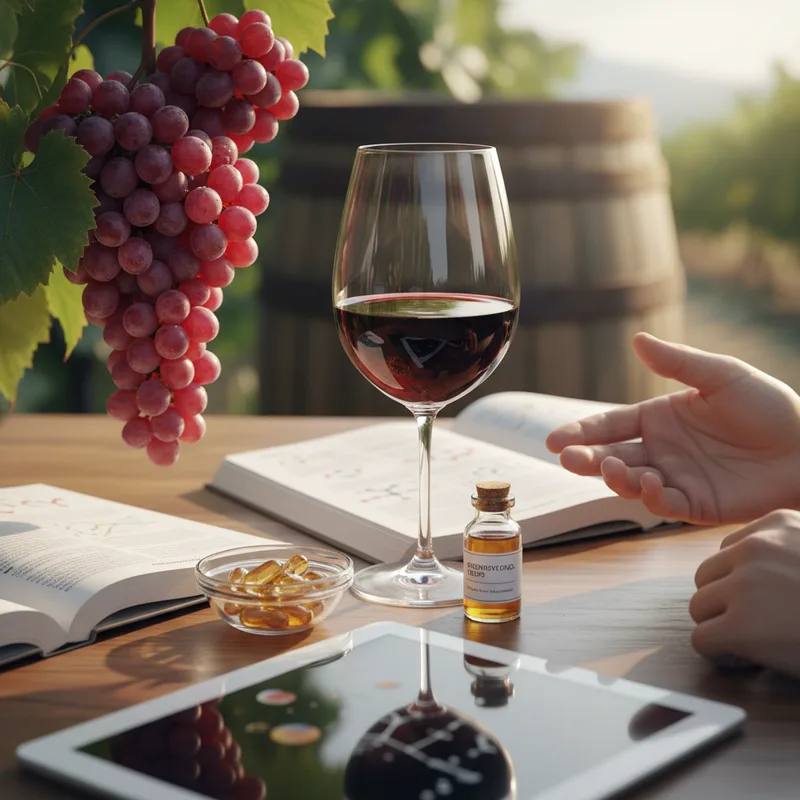 Etiqueta de un suplemento de resveratrol con los criterios de calidad destacados: trans-resveratrol, 98% pureza, COA disponible, fuente transparente