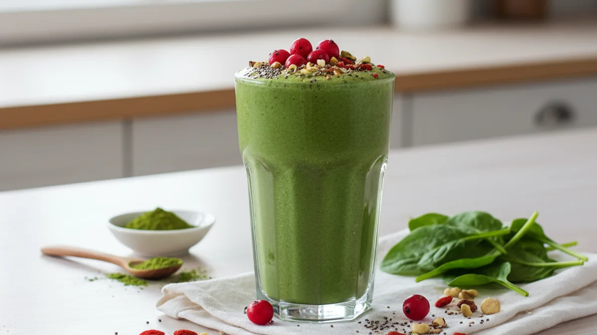 Tres smoothies pre-entreno coloridos de matcha, cacao con guaraná y remolacha con frutos rojos