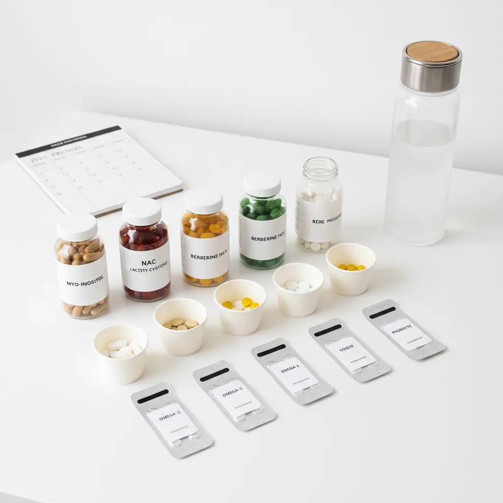 Protocolo visual combinado de inositol, berberina y cromo para SOP con timeline de 6 meses y puntos de evaluación