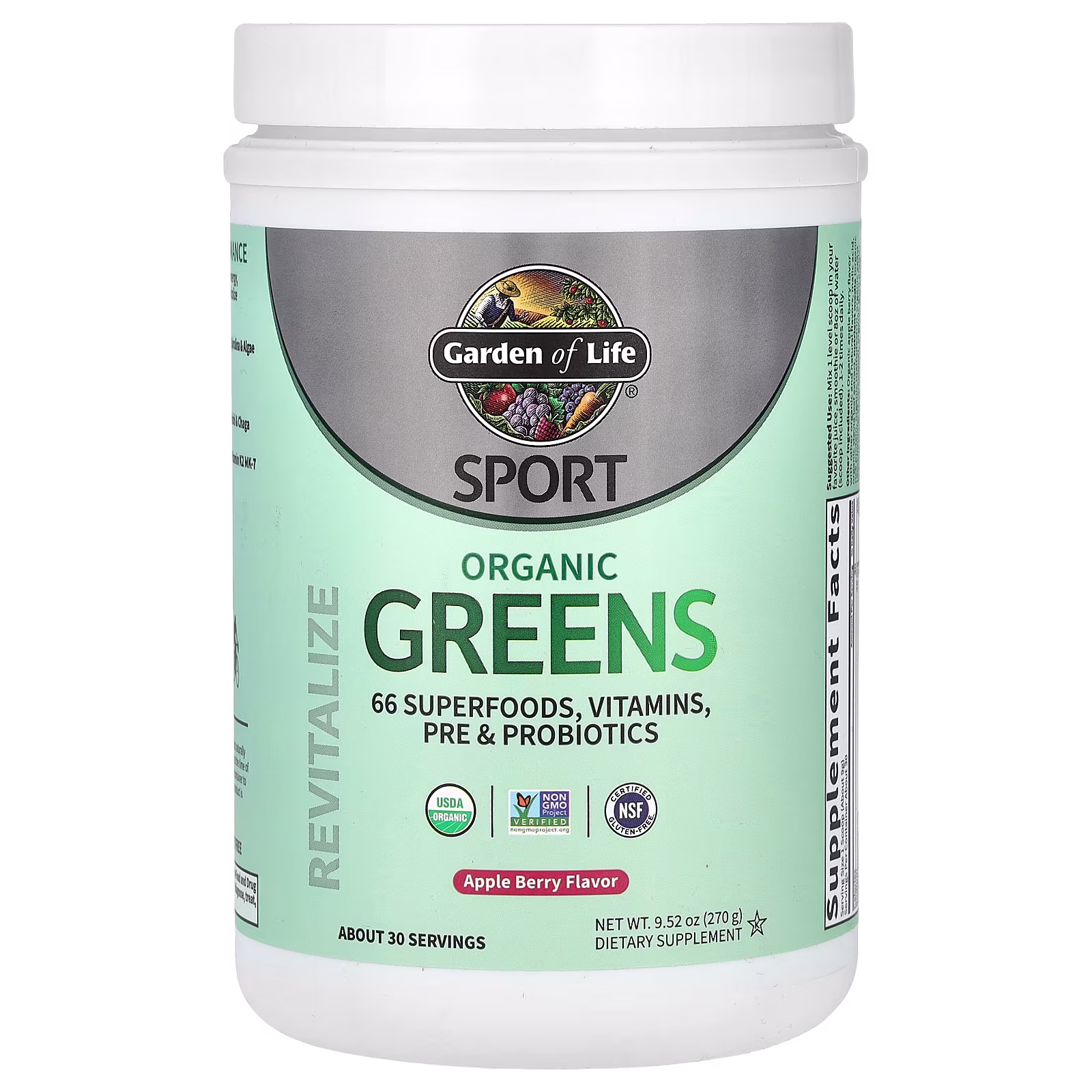 Sport, Verduras de hoja orgánicas, Manzana y bayas, 270 g (9,52 oz), Garden of Life