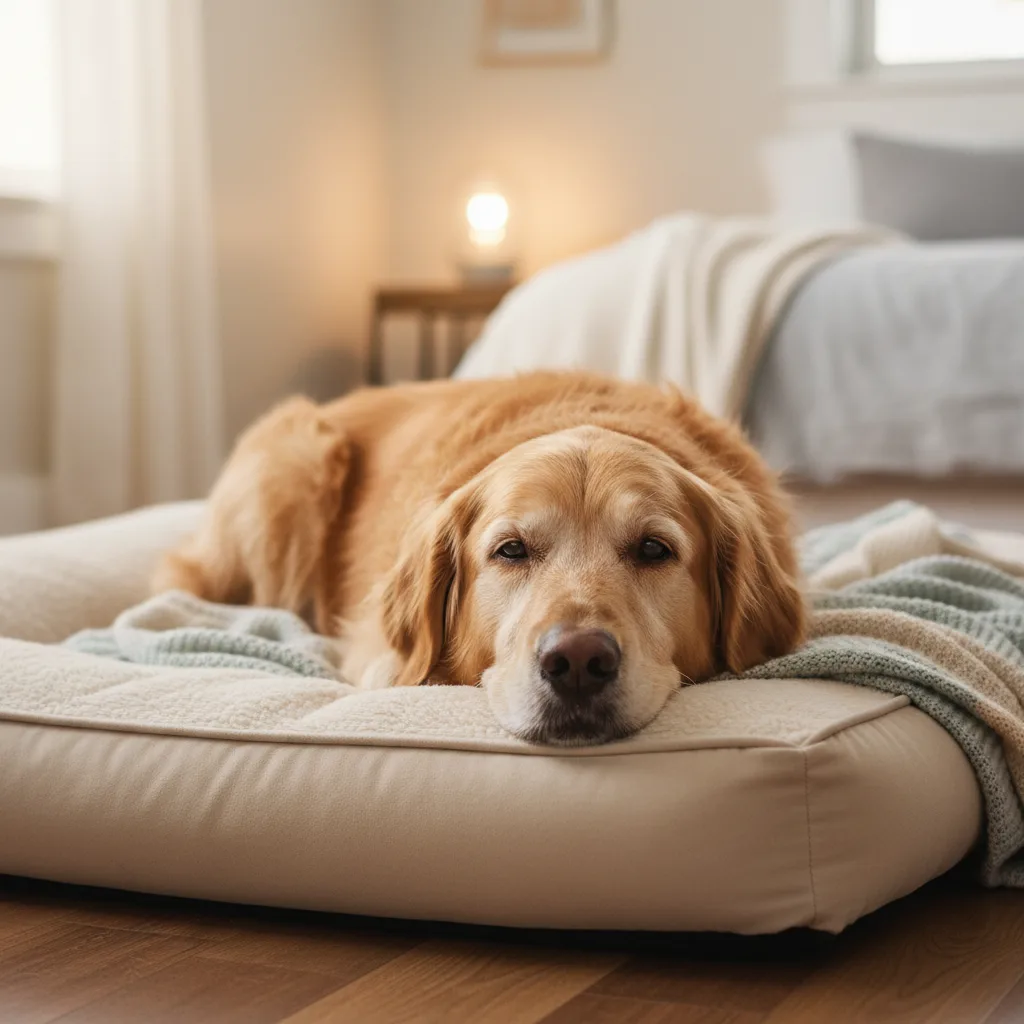 Golden retriever senior con hocico gris descansando en cama confortable