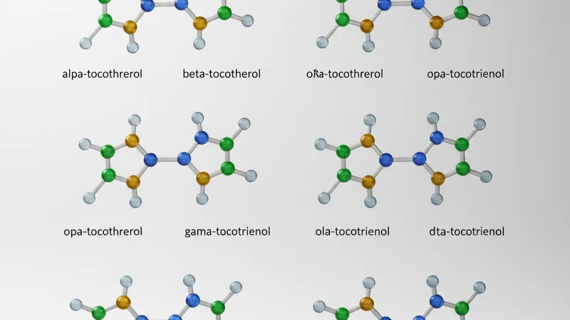 Diagrama molecular comparando estructura de tocoferoles y tocotrienoles con cadenas laterales saturadas e insaturadas
