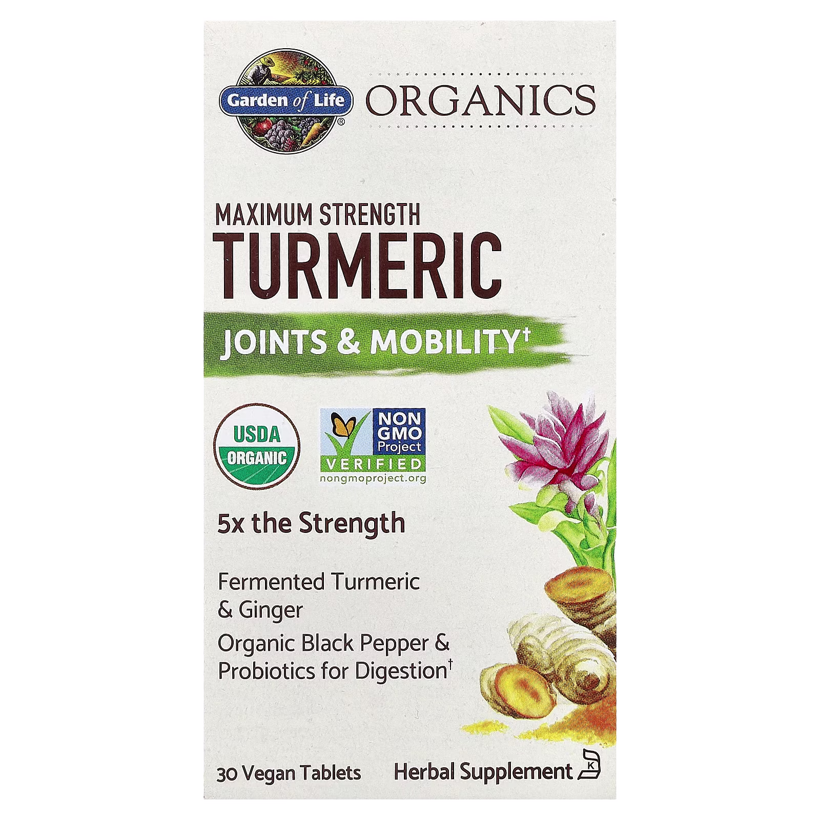 Turmeric, Máxima concentración, 30 tabletas veganos, Garden of Life