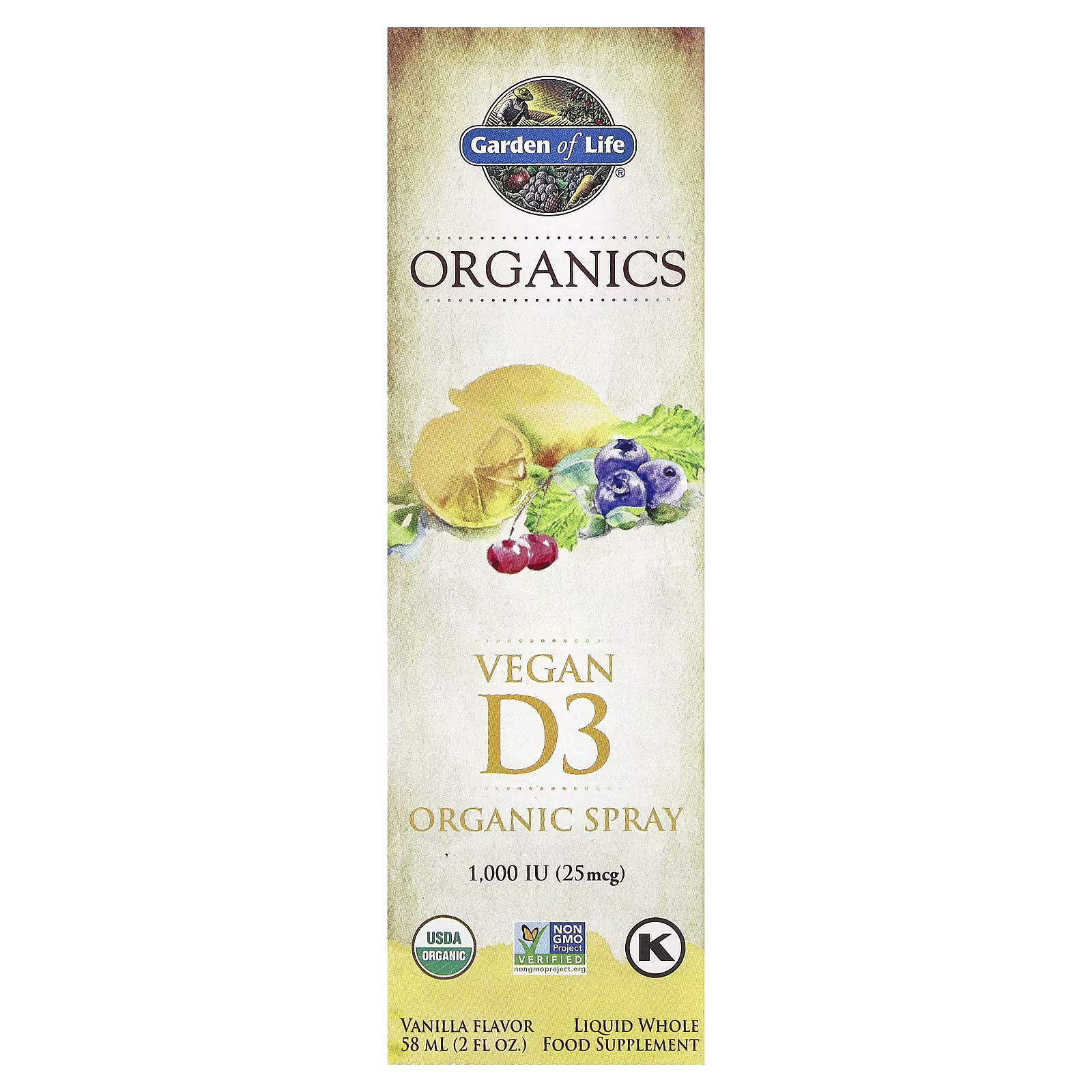 Vegan D3 Organic Spray, Vainilla, 58 ml (2 oz. líq.), Garden of Life