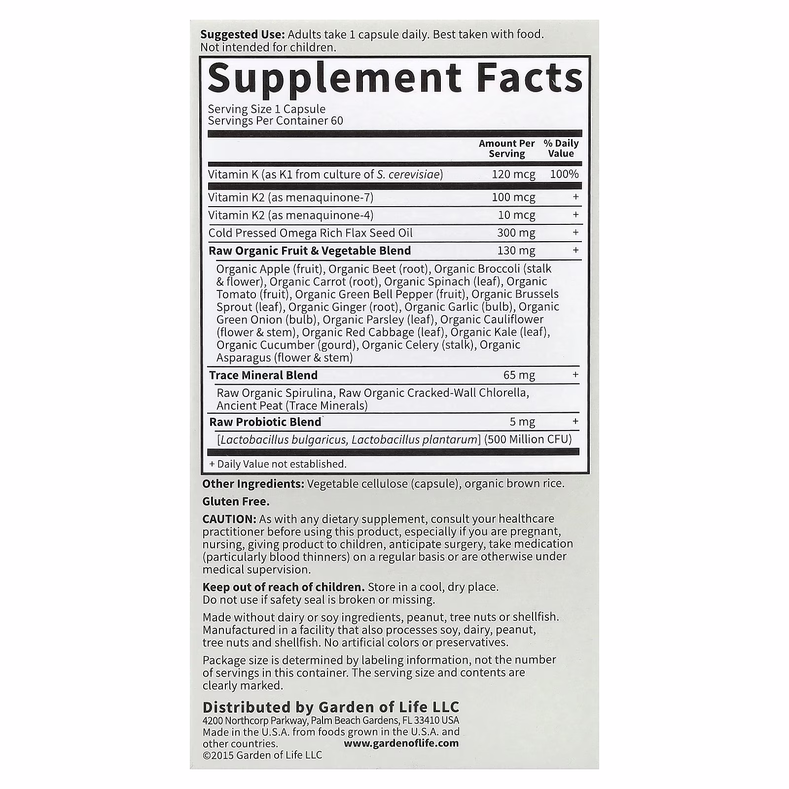 Vitamin Code®, Complejo de vitamina K RAW, 60 cápsulas veganas, Garden of Life