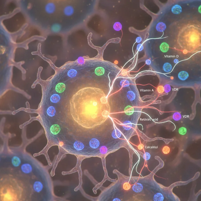 Diagrama de receptores nucleares RAR, VDR y RXR mostrando heterodimerización en el núcleo celular