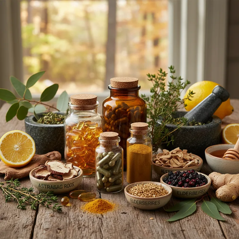 Calendario de suplementación mostrando meses de invierno con cápsulas de vitamina A y D junto a alimentos ricos en nutrientes