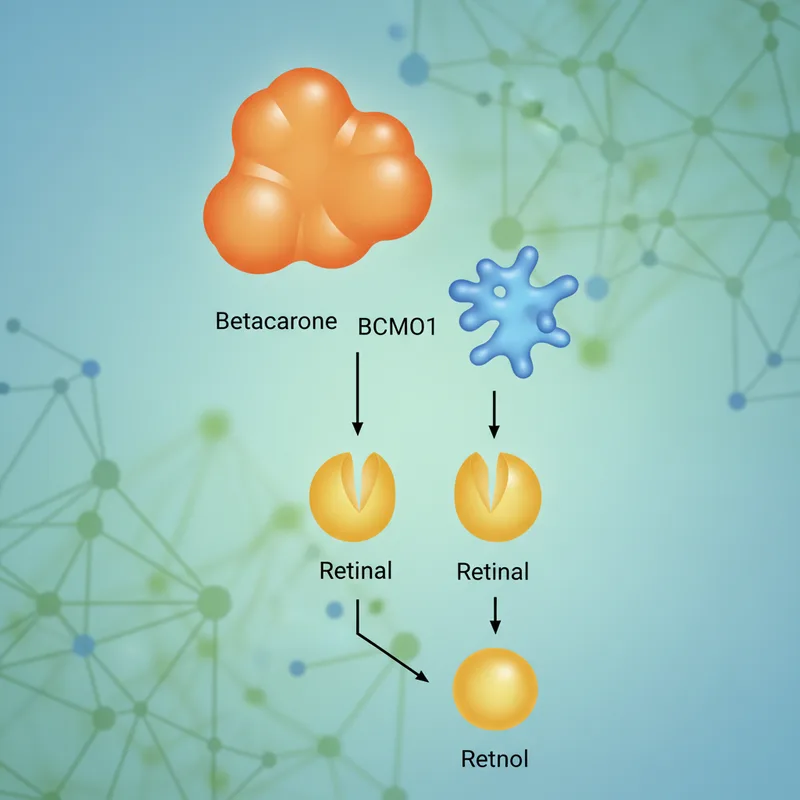 Diagrama molecular mostrando la enzima BCMO1 cortando una molécula de beta-caroteno en dos moléculas de retinal