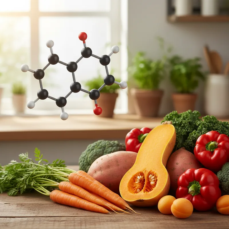 Comparación visual de fuentes de vitamina A: hígado, aceite de bacalao, yemas de huevo y zanahorias con etiquetas de contenido