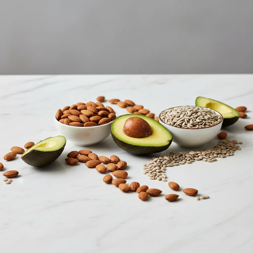 Fuentes alimenticias naturales de vitamina E completa: nueces, aceites, semillas y granos integrales