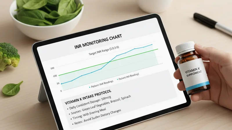 Gráfica clínica mostrando variabilidad del INR en pacientes con warfarina sin y con suplementación estable de vitamina K