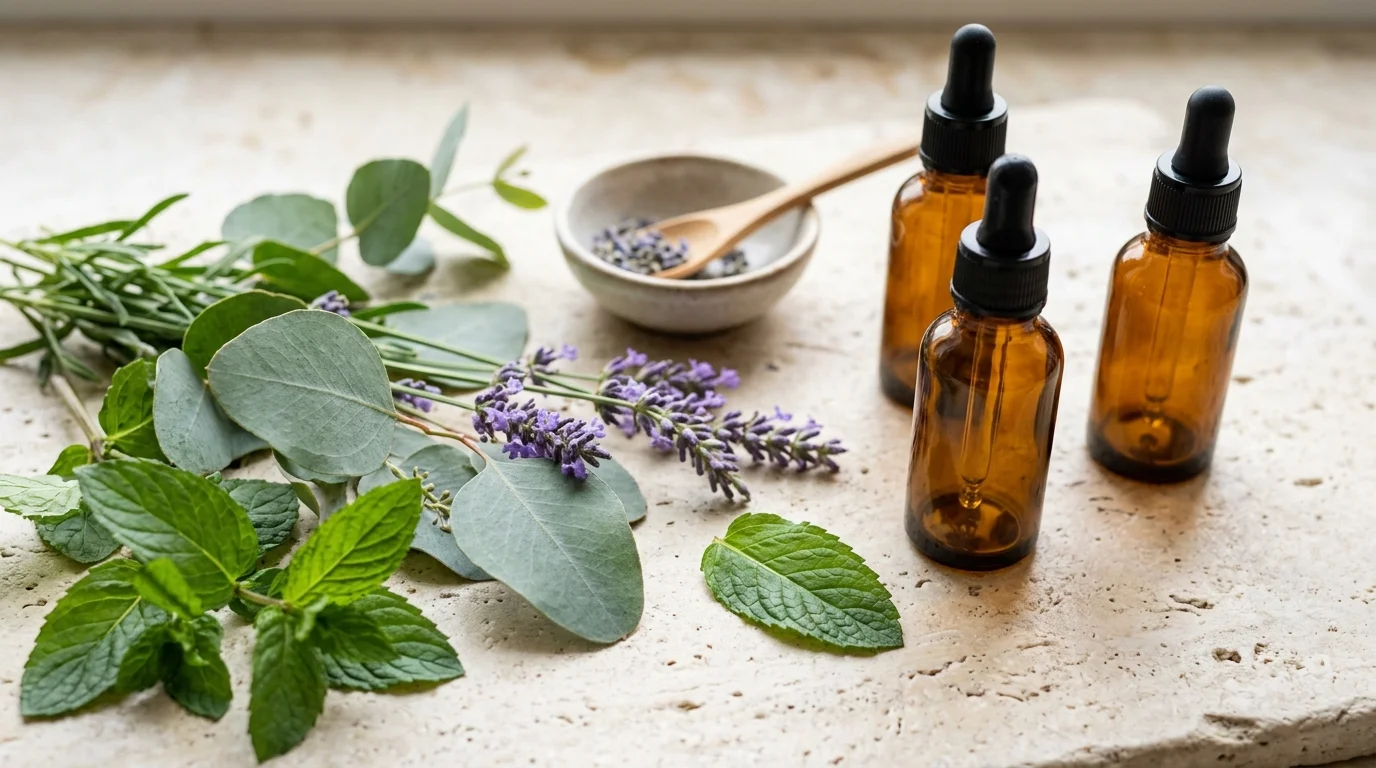 Ramas de lavanda, eucalipto y menta junto a frascos de aceites esenciales