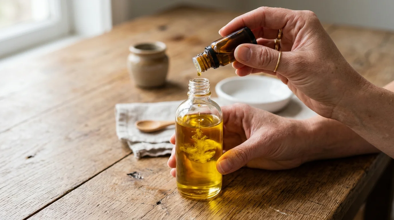 Manos diluyendo unas gotas de aceite esencial en un aceite vehicular