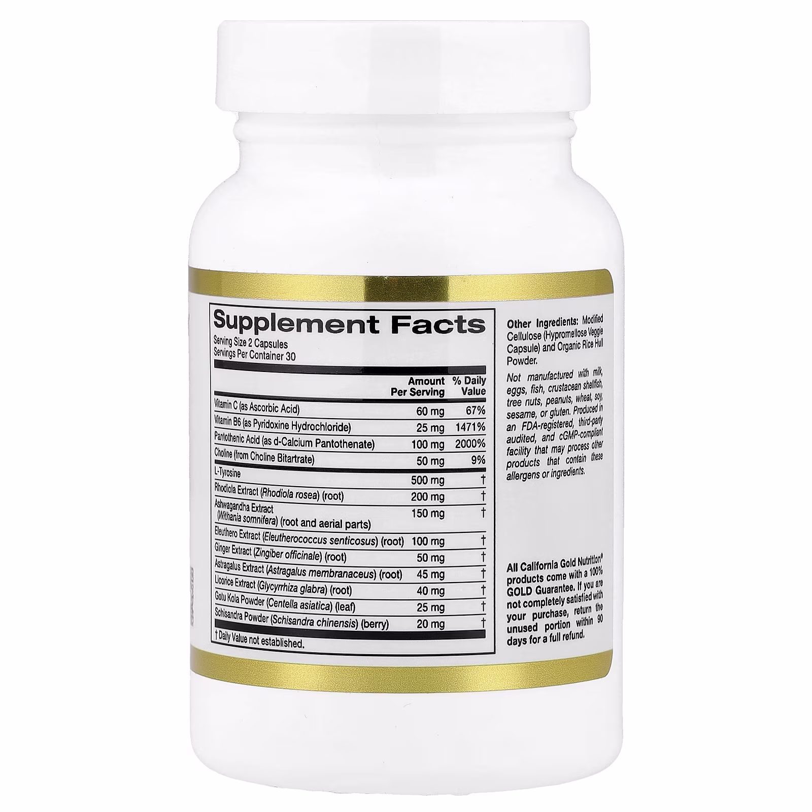 Refuerzo suprarrenal con L-tirosina, extracto de rodiola, extracto de ashwagandha y extracto de ginseng siberiano, 60 cápsulas vegetales, California Gold Nutrition