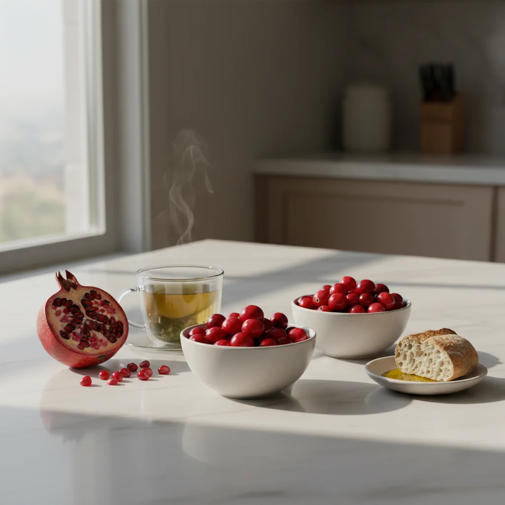 Alimentos ricos en polifenoles que fomentan Akkermansia endógena: cranberry, granada, té verde, aceite de oliva