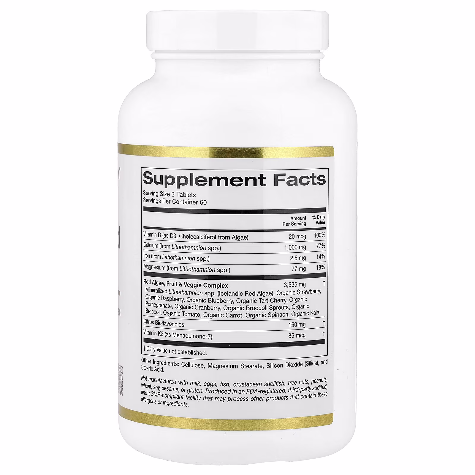 Calcio proveniente de algas con calcio, vitamina D3 y magnesio, fresa, frambuesa y arándano azul orgánicos, 180 tabletas, California Gold Nutrition