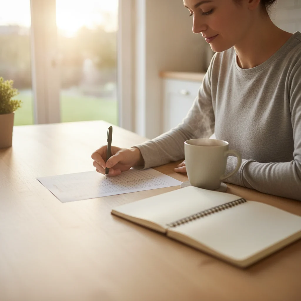 Persona revisando una lista de preguntas de salud antes de decidir un suplemento