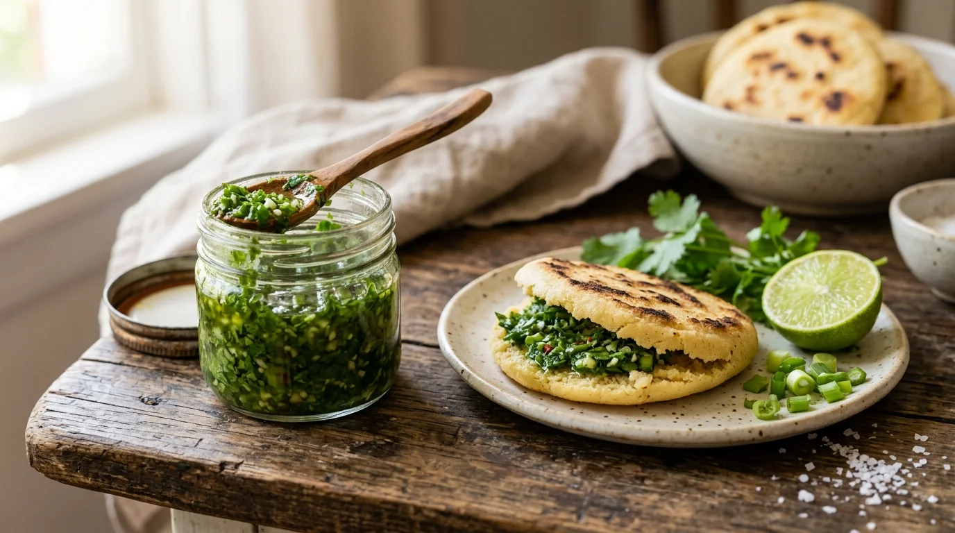 Ají de ajo crudo con cilantro y limón junto a una arepa
