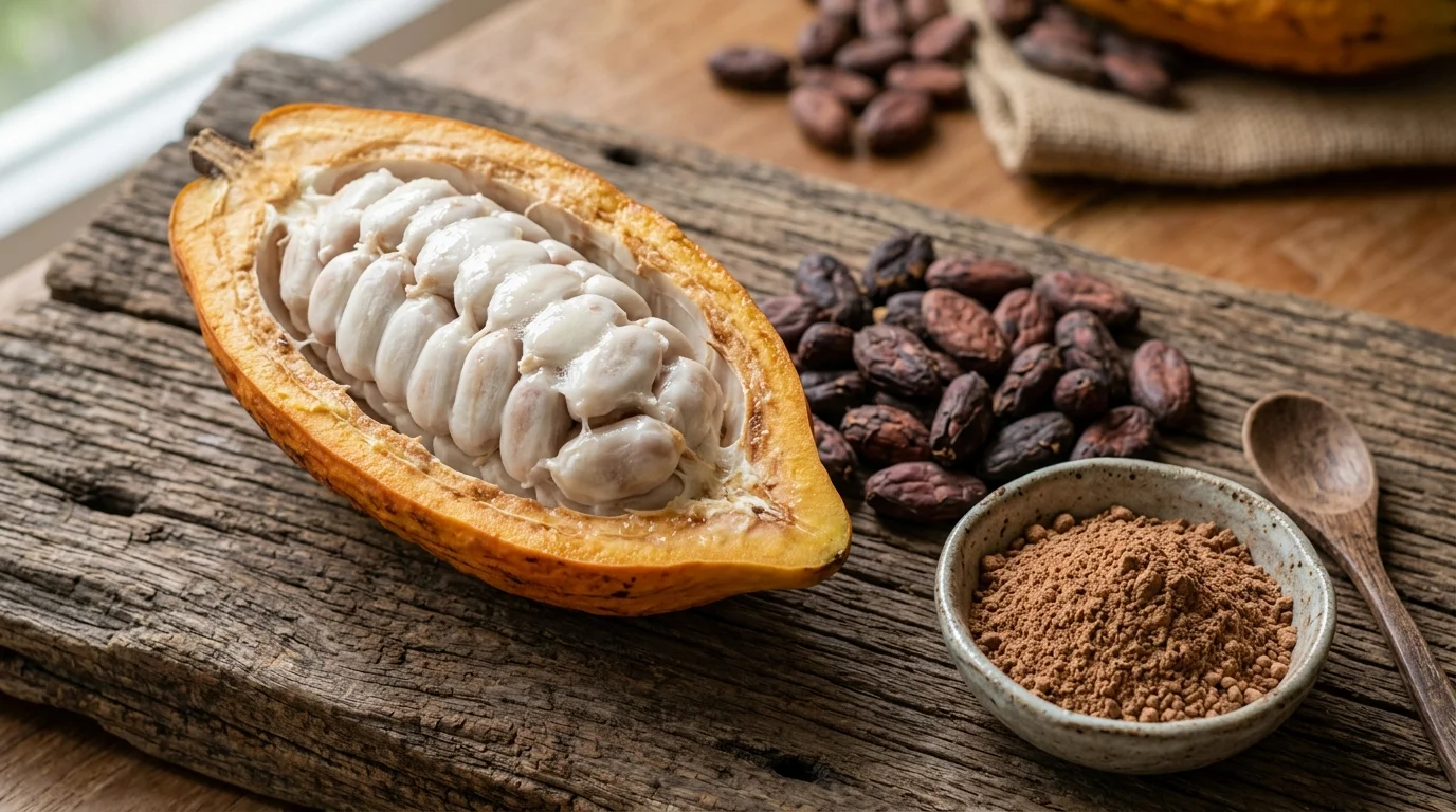 Mazorca de cacao abierta junto a granos secos y cacao natural en polvo