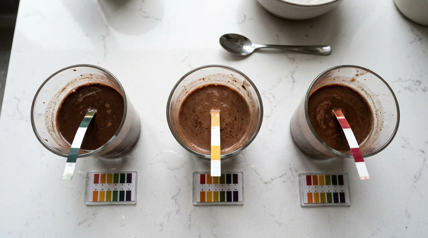 Tres vasos de cacao disuelto con tiras de pH de distintos colores