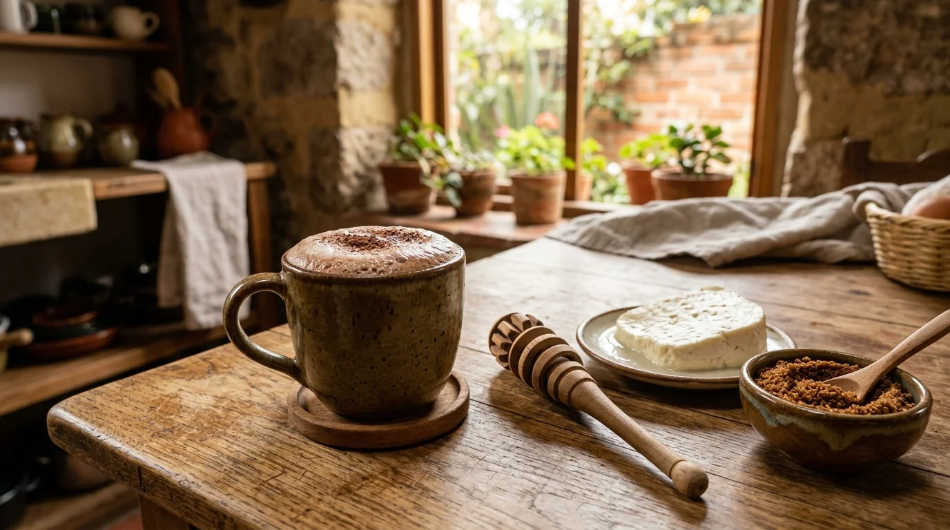 Taza de chocolate caliente con cacao natural, molinillo, queso y panela