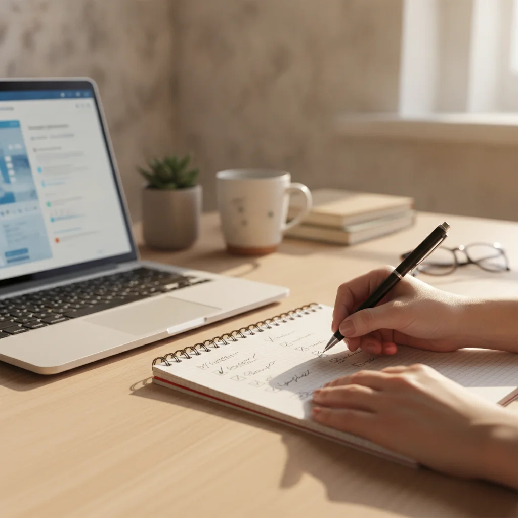 Persona escribiendo una lista de verificación antes de decidir un suplemento
