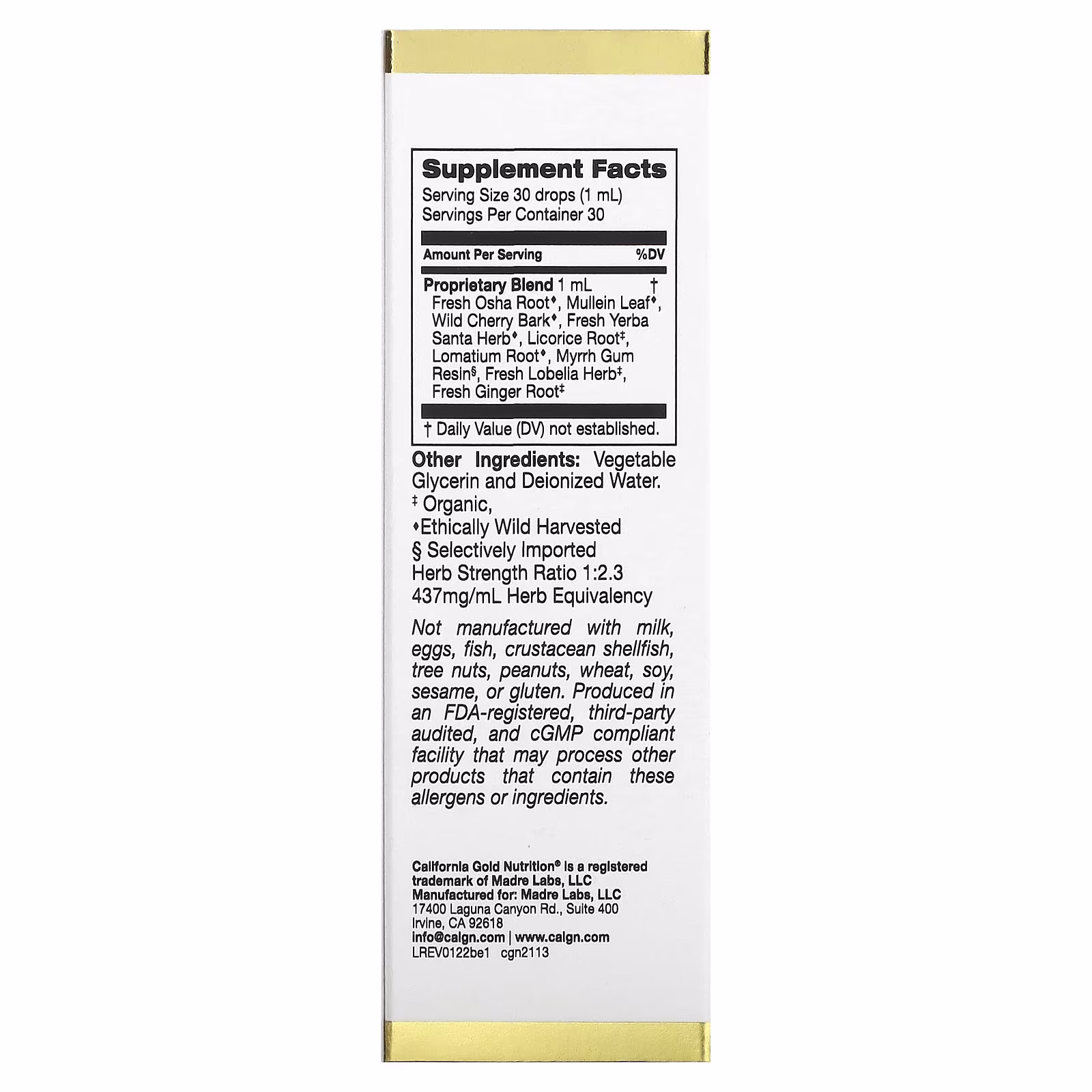 Suplemento de alivio bronquial con mezcla de propiedad exclusiva de raíz de oshá fresca, hoja de gordolobo y corteza de cerezo silvestre, 30 ml (1 oz. líq.), California Gold Nutrition