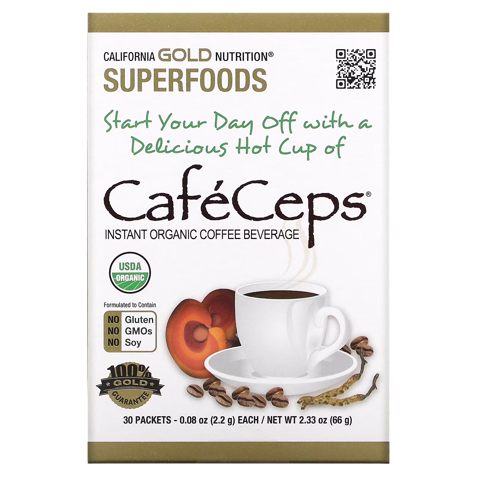 CaféCeps, Café instantáneo orgánico certificado con hongos Cordyceps y reishi en polvo, 30 sobres, 2,2 g (0,08 oz) cada uno, California Gold Nutrition