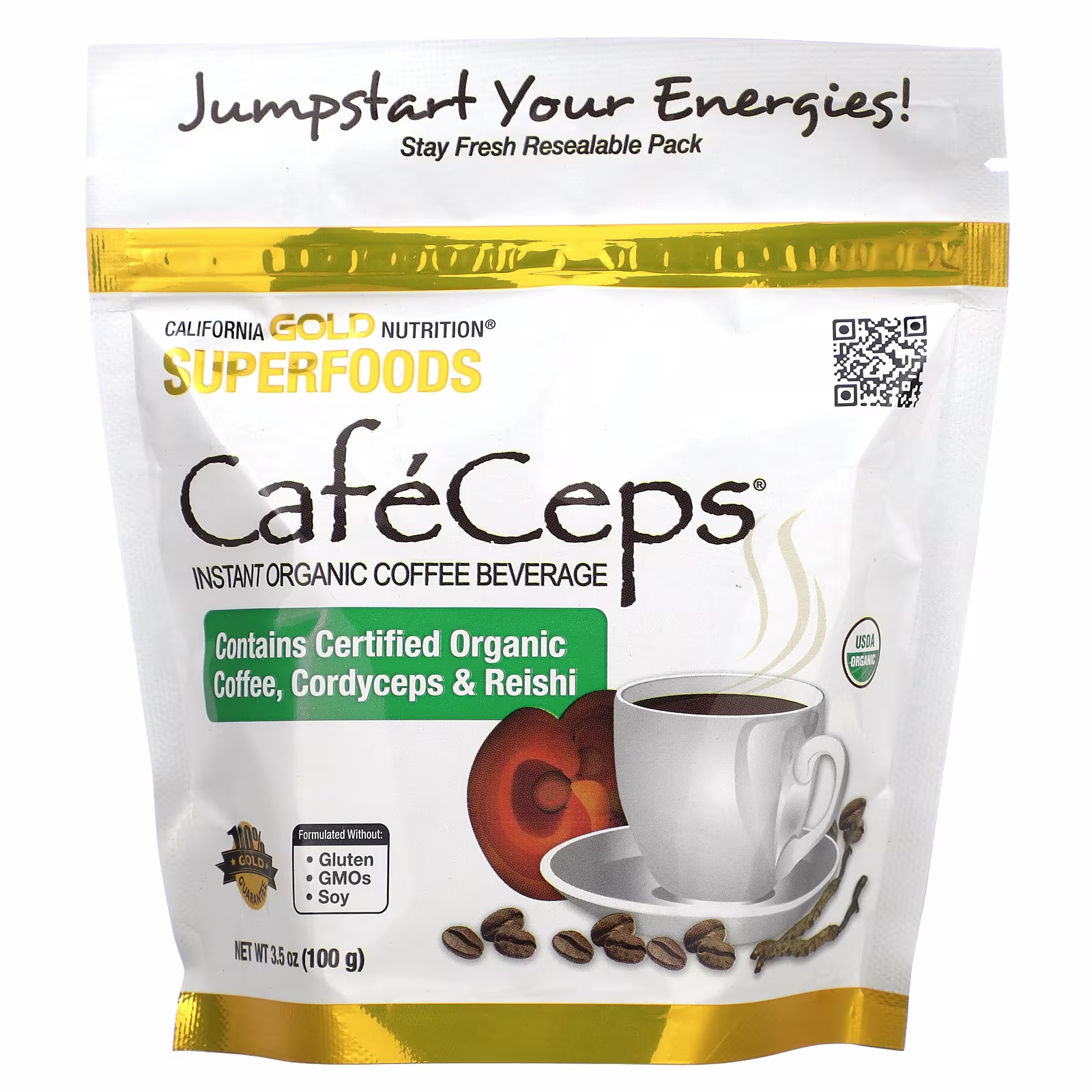 CaféCeps, Café instantáneo orgánico certificado con hongos Cordyceps y reishi de amplio espectro en polvo, 100 g (3,5 oz), California Gold Nutrition