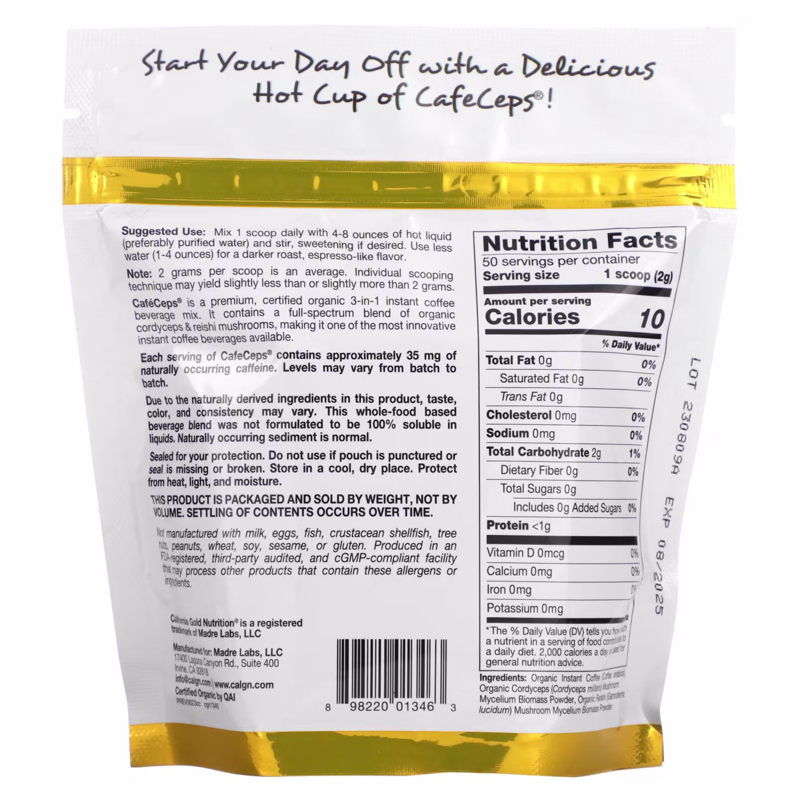 CaféCeps, Café instantáneo orgánico certificado con hongos Cordyceps y reishi de amplio espectro en polvo, 100 g (3,5 oz), California Gold Nutrition