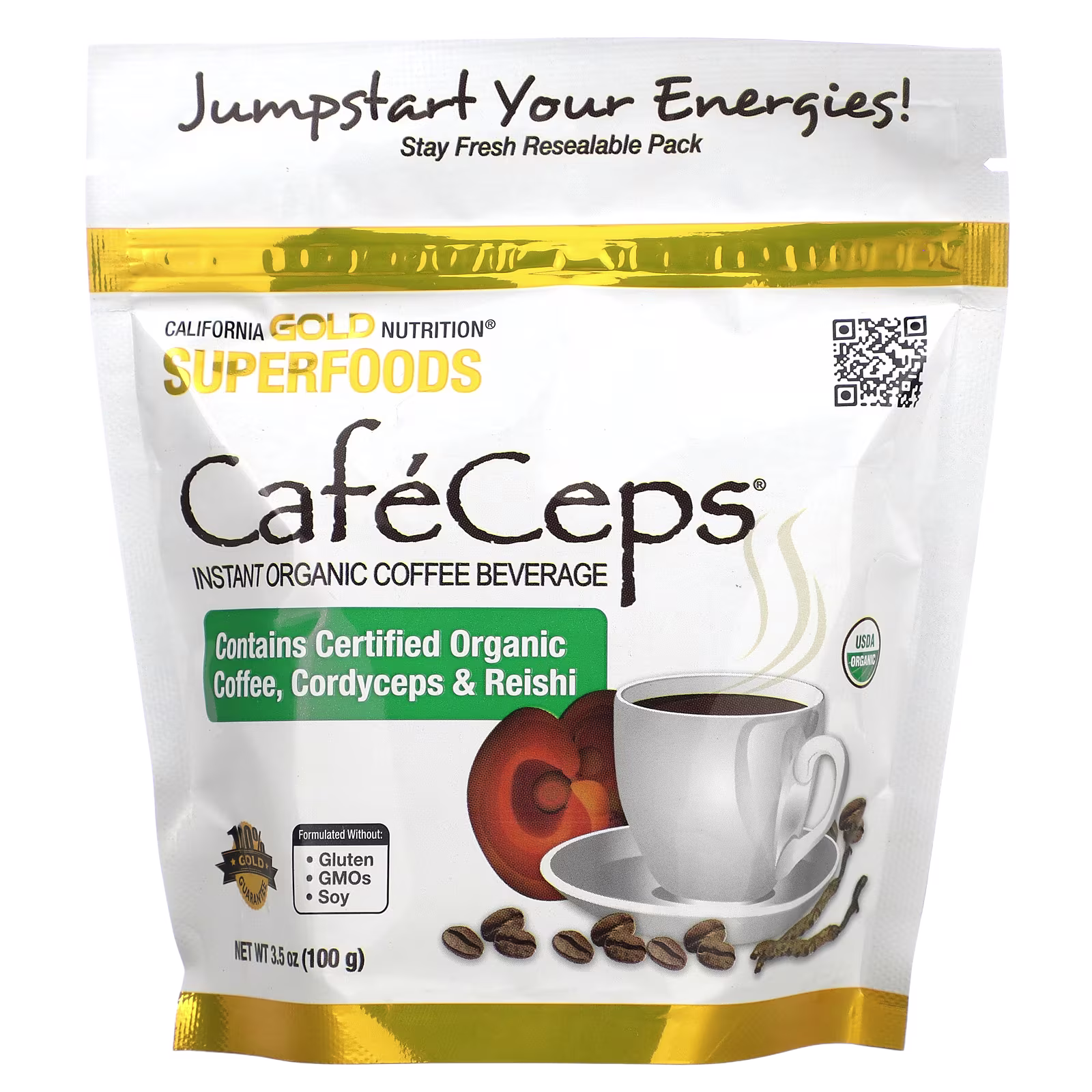 CaféCeps, Café instantáneo orgánico certificado con hongos Cordyceps y reishi de amplio espectro en polvo, 100 g (3,5 oz), California Gold Nutrition