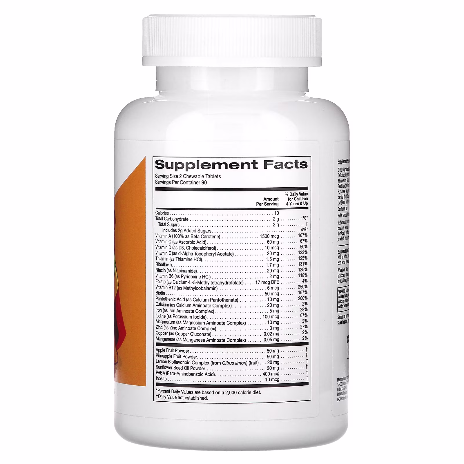 Suplemento multivitamínico con vitamina A, vitamina C, vitamina E y manzana en polvo en tabletas masticables para niños, Frutas surtidas, 180 tabletas vegetales, California Gold Nutrition