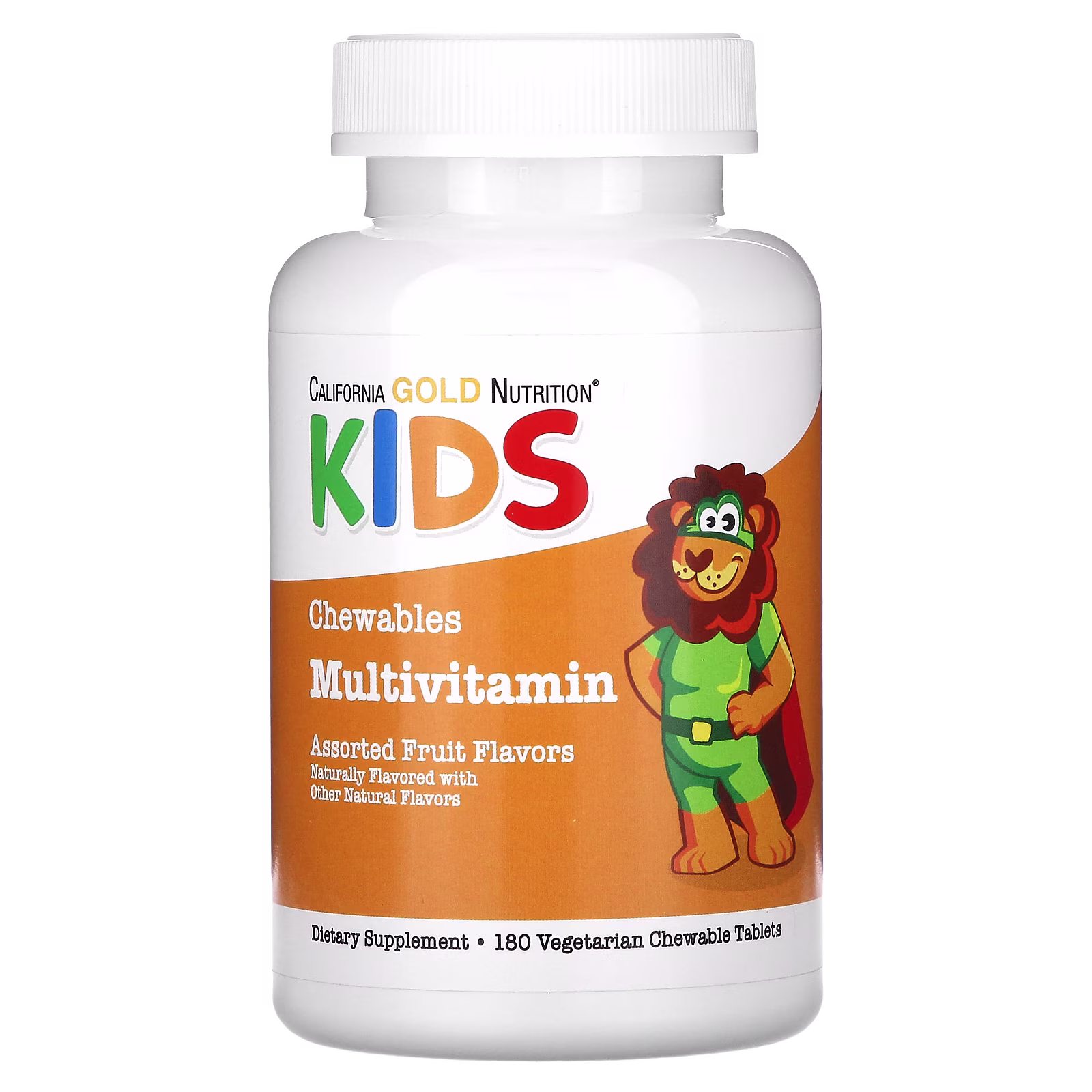 Suplemento multivitamínico con vitamina A, vitamina C, vitamina E y manzana en polvo en tabletas masticables para niños, Frutas surtidas, 180 tabletas vegetales, California Gold Nutrition