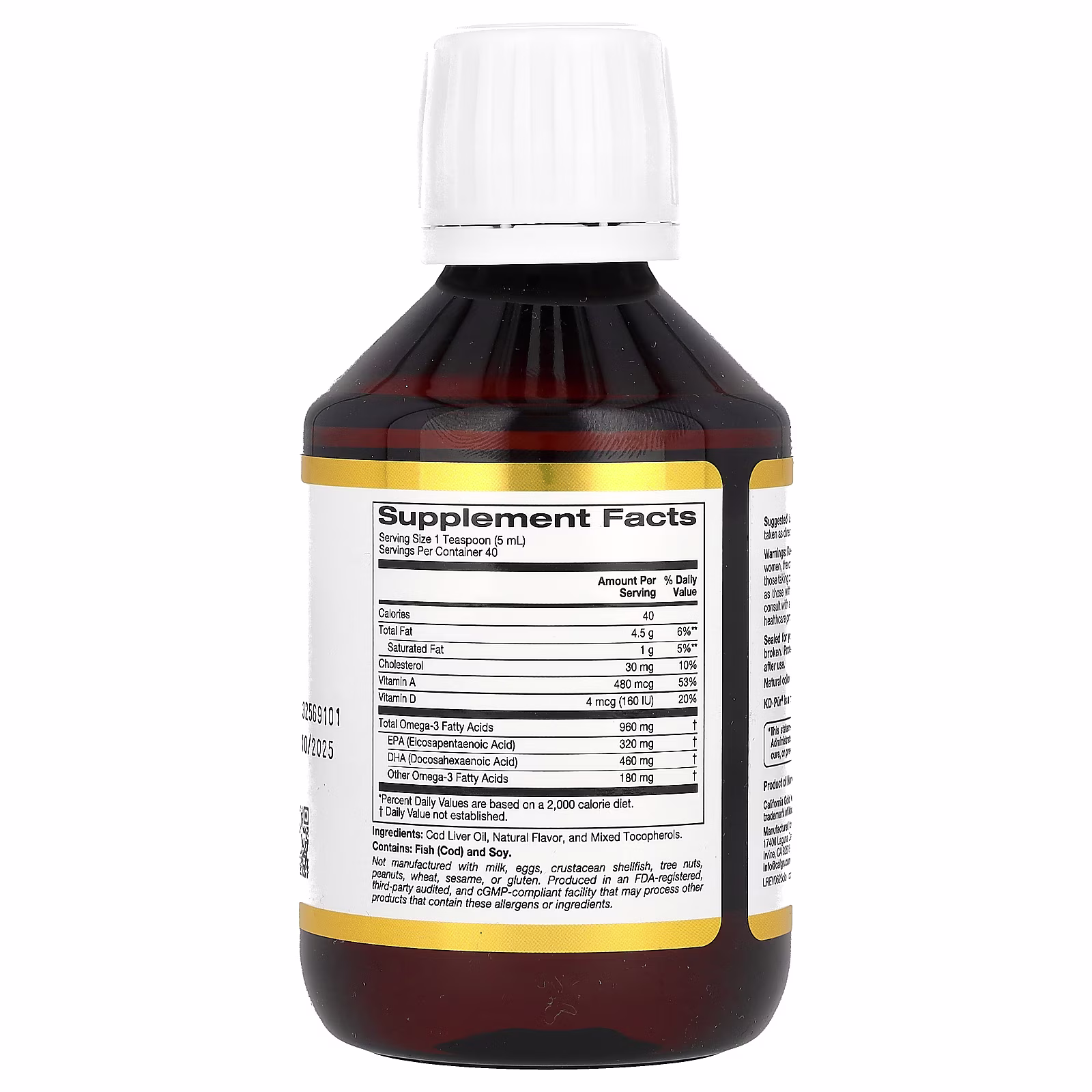 Aceite de hígado de bacalao noruego con ácidos grasos omega-3, EPA, DHA y vitaminas A y D, En forma de triglicéridos, Sabor natural a limón, 200 ml (6,7 oz. líq.), California Gold Nutrition