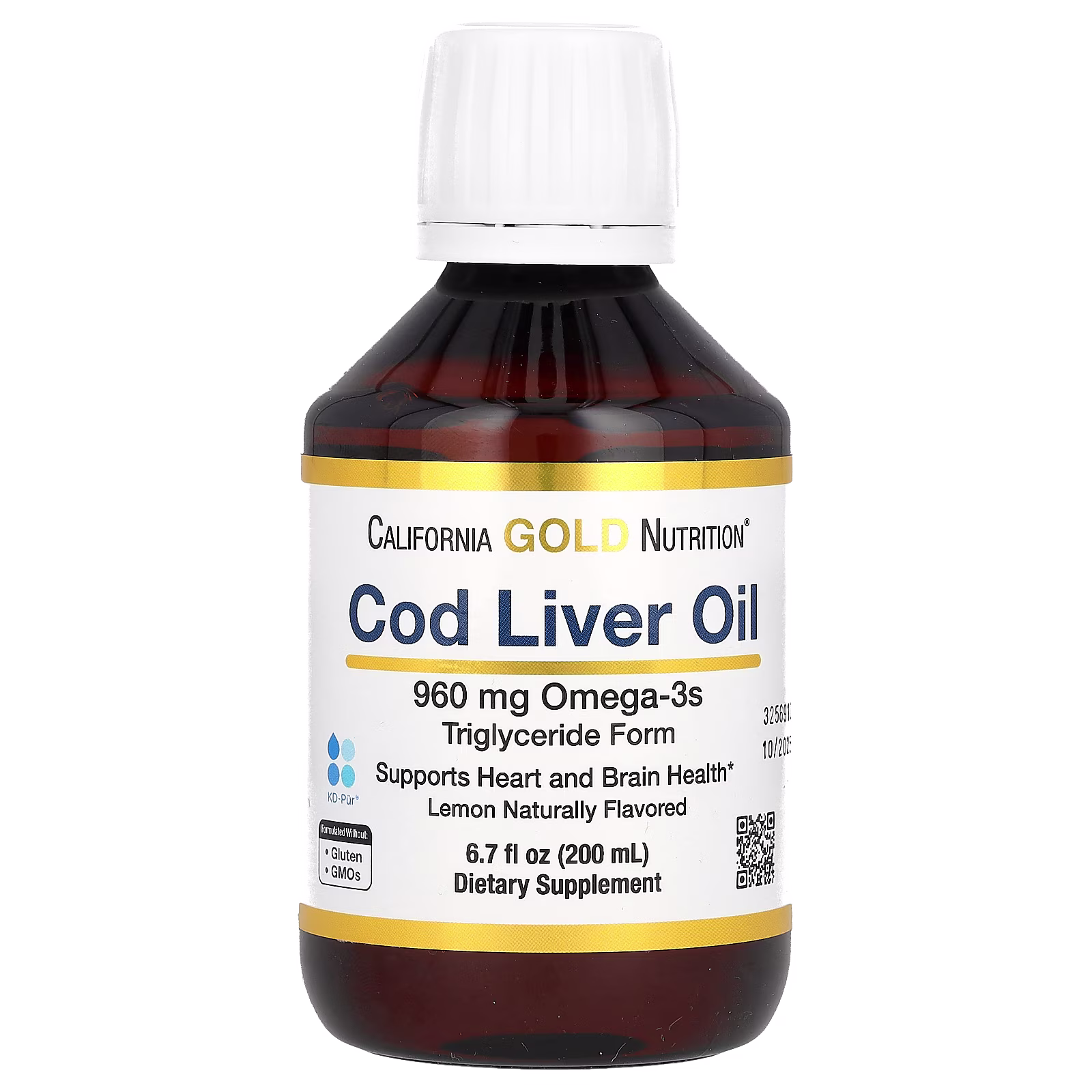 Aceite de hígado de bacalao noruego con ácidos grasos omega-3, EPA, DHA y vitaminas A y D, En forma de triglicéridos, Sabor natural a limón, 200 ml (6,7 oz. líq.), California Gold Nutrition