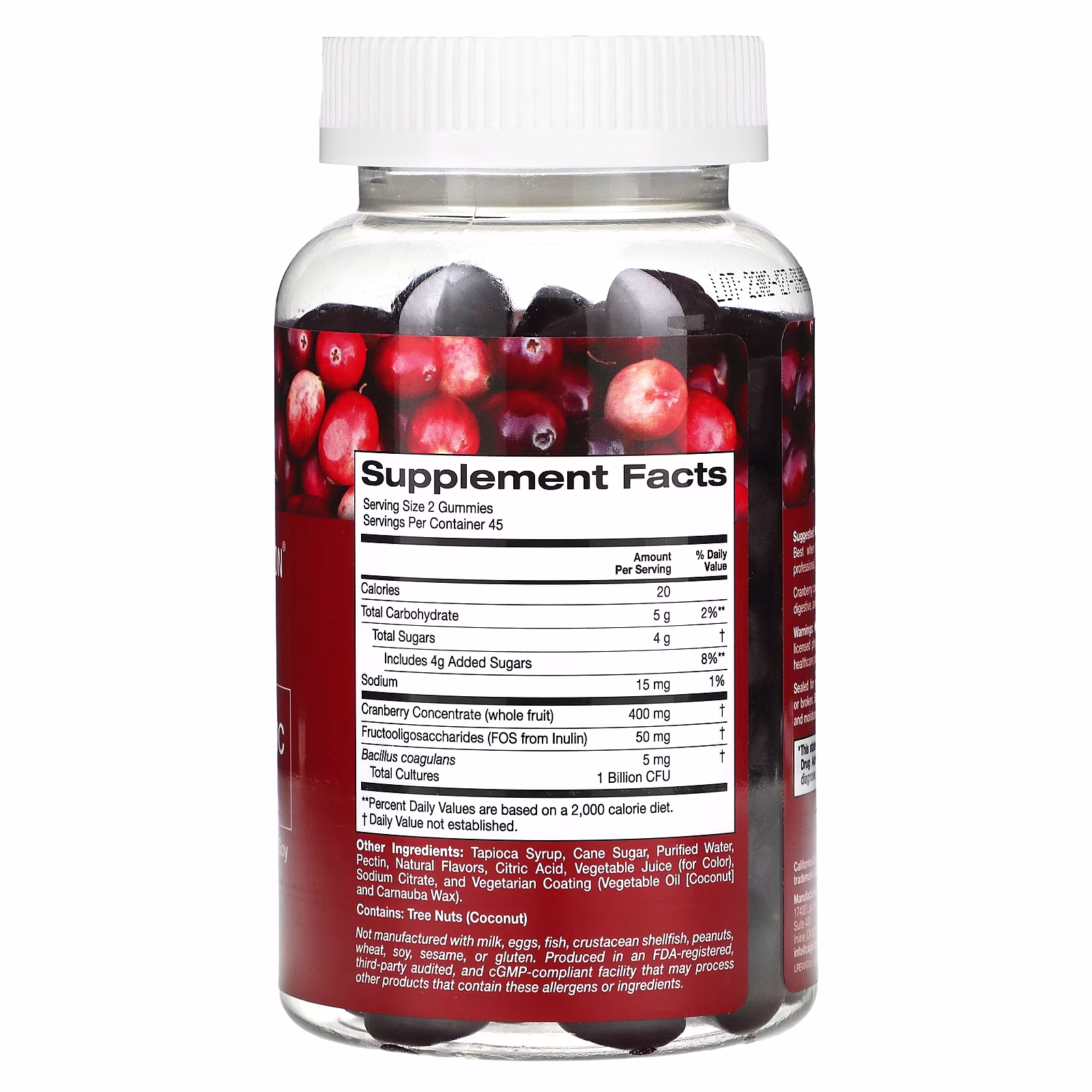 Gomitas de arándano rojo y probióticos con concentrado de arándano rojo, fructooligosacáridos y Bacillus coagulans, Sabor natural a arándano rojo, 90 gomitas vegetales, California Gold Nutrition